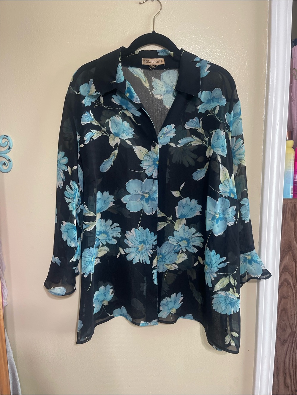 Notations Black Sheer Blouse with Blue Floral Print